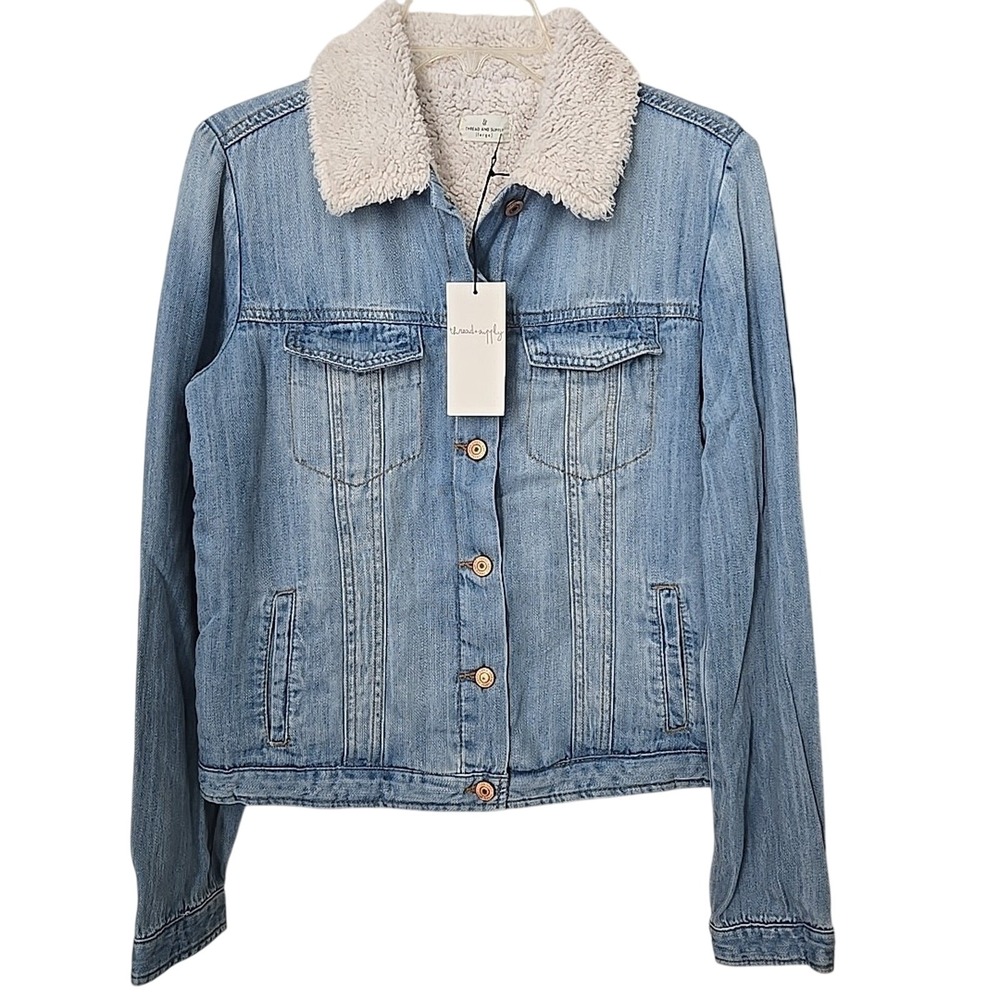Thread & Supply Women Medium Wash Denim Jacket Faux Shearling Collar L NWT